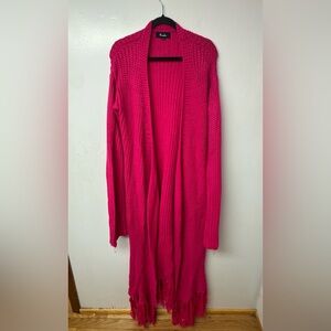 Hanifa Miya Pink Knit Duster Cardigan S/M Fringe Hem Open Front Missing Belt USA